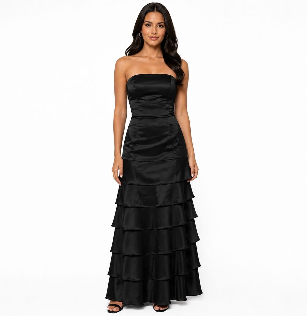Lazaro Black Strapless Tiered Charmeuse Evening Gown Size 12, Made in USA